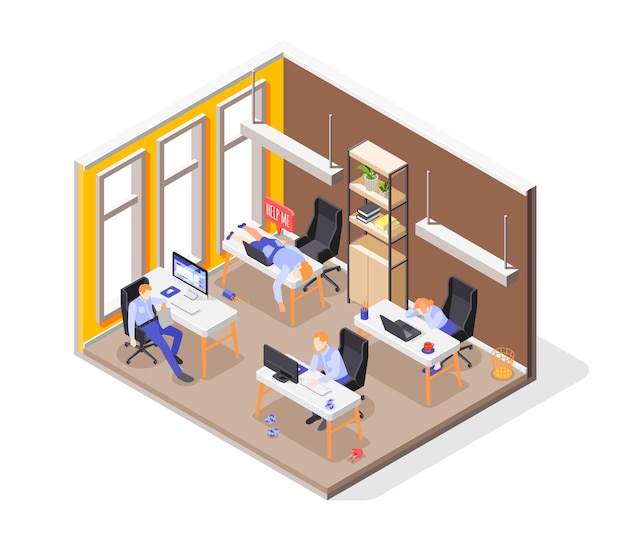 Concepto isométrico del síndrome de burn-out con ilustración de símbolos de trabajo estresante