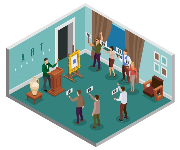 Concepto isométrico de subasta con hall en el edificio y personas con ilustración de tabletas
