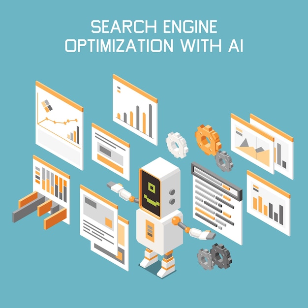 Vector gratuito concepto isométrico de tecnologías de ia de marketing con optimización de motores de búsqueda con ilustración de vector de titular de ai