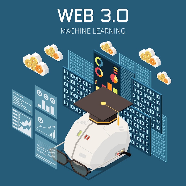 Vector gratuito concepto isométrico de tecnologías web 3.0 con símbolos de aprendizaje automático ilustración vectorial