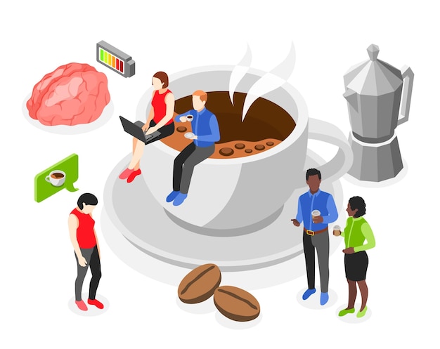 Vector gratuito concepto isométrico de tiempo de café con pequeñas personas de oficina sentadas en una gran ilustración de vector de taza de café