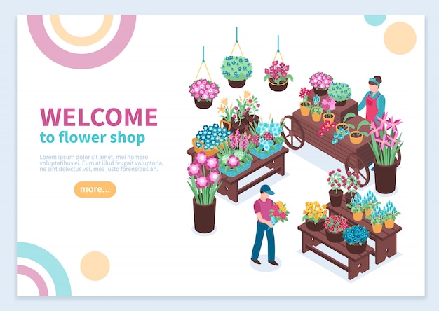 Concepto isométrico de la tienda de flores