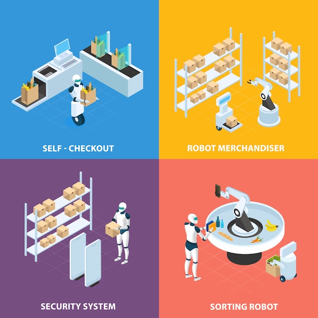 Concepto isométrico de tiendas automatizadas con robots de autopago para el sistema de seguridad de comercialización y clasificación