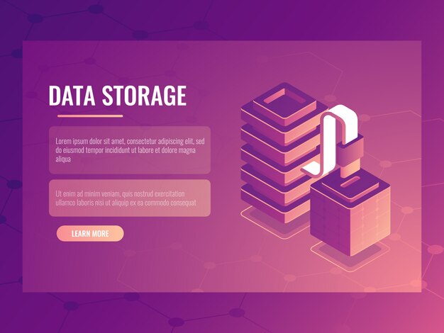 Concepto isométrico de transmisión y transmisión de datos, sala de servidores, acceso a bases de datos.