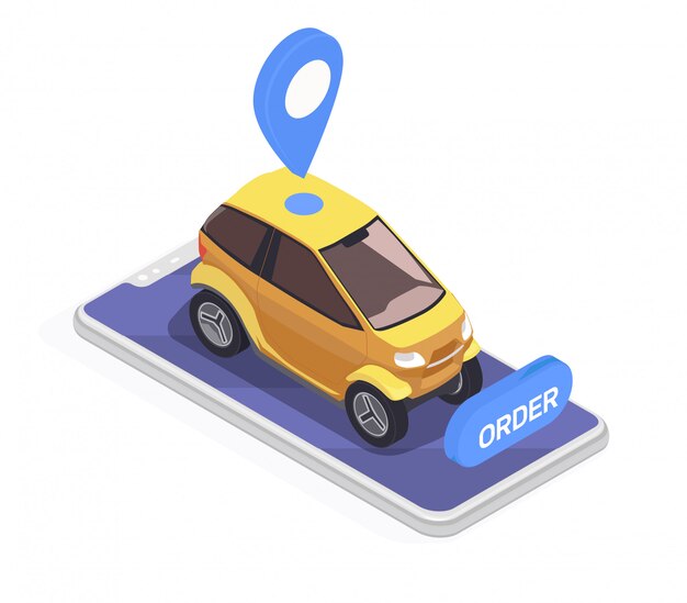 Concepto isométrico de transporte con teléfono inteligente y coche eléctrico amarillo sobre fondo blanco 3d