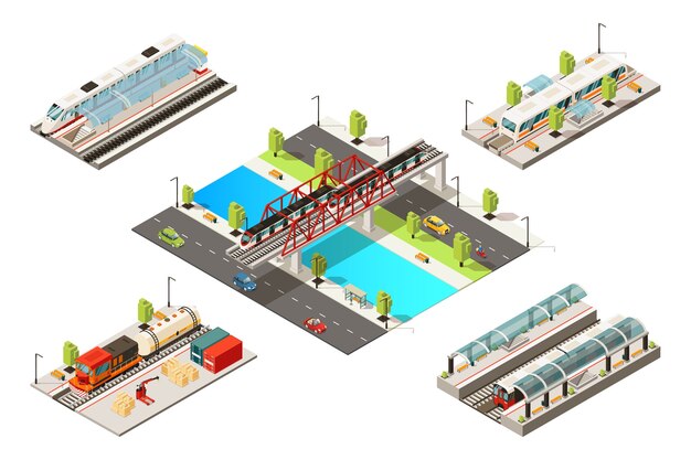 Concepto isométrico de trenes modernos con vehículos ferroviarios de carga de pasajeros metro y ferrocarril puente aislado