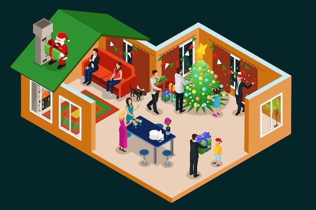 Concepto isométrico de vacaciones de Navidad con personas celebrando el año nuevo en casa y Santa Claus con regalos en el techo aislado