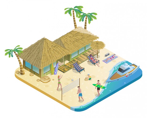 Concepto isométrico de vacaciones de verano en la playa