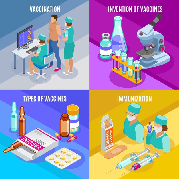 Concepto isométrico de vacunación con composiciones de suministros médicos, tubos de vidrio con vacunas y personas.