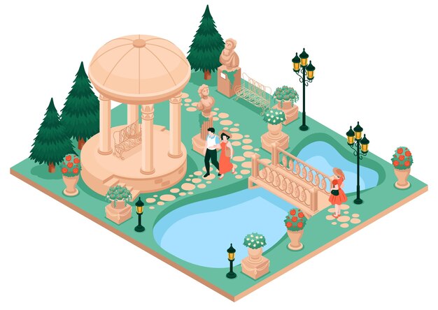 Concepto de jardín de casa de campo con estanque y puente del parque