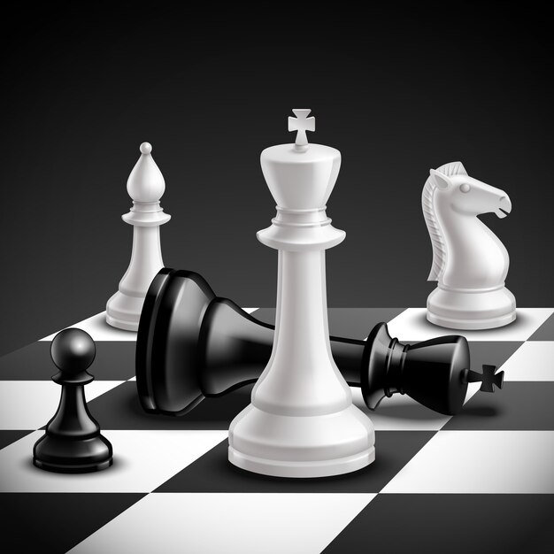 Concepto de juego de ajedrez con tablero realista y piezas en blanco y negro.