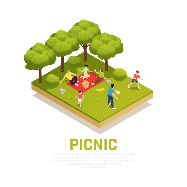Concepto de juego familiar con picnic familiar en el parque de símbolos isométricos
