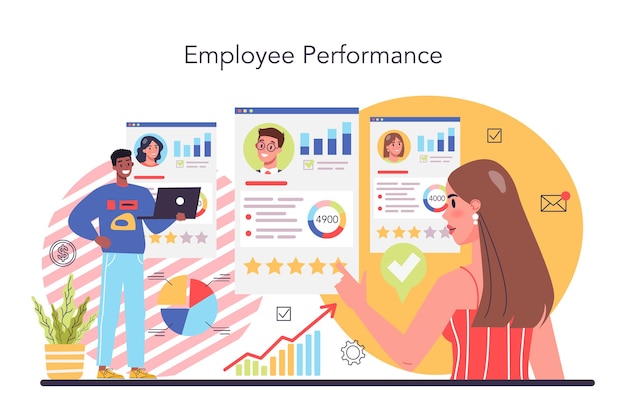 Concepto de KPI Indicadores clave de rendimiento Formulario de prueba de evaluación de empleados e informe revisión del rendimiento del trabajador Desarrollo de empleados de gestión de personal Ilustración de vector plano aislado