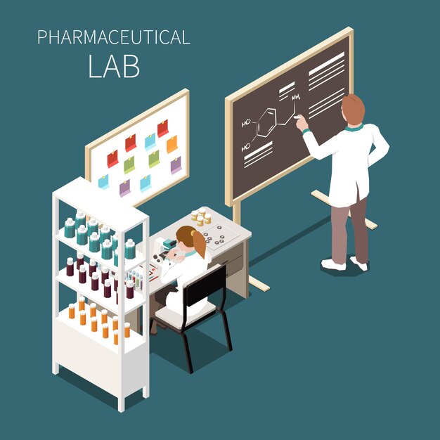 Concepto de laboratorio farmacéutico con símbolos de ciencia y medicina isométricos