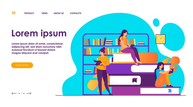 Concepto de lectores de libros. Gente sentada en una pila de libros en la biblioteca, mujeres leyendo libros de texto en casa