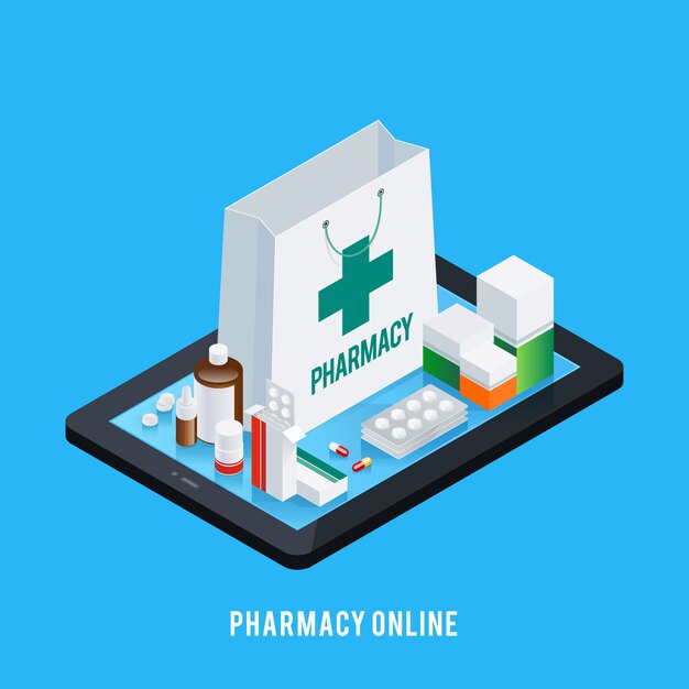 Concepto en línea de la farmacia de la tableta