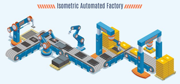 Concepto de línea de producción automatizada isométrica con cinta transportadora industrial y brazos mecánicos robóticos aislados