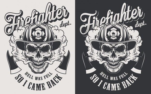 Concepto de logotipo de lucha contra incendios vintage con ejes cruzados y cráneo con casco de bombero en ilustración de estilo monocromo