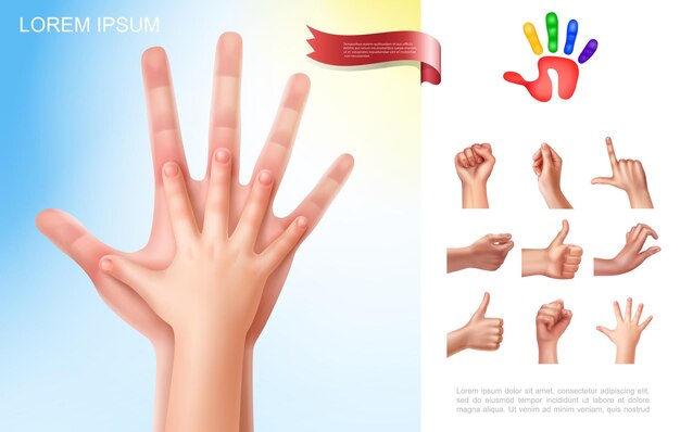 Concepto de manos de niños y padres con diferentes gestos de manos femeninas en estilo realista