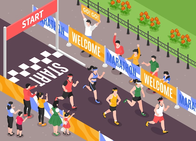 Vector gratuito concepto de maratón isométrico con personas animando a correr deportistas ilustración vectorial