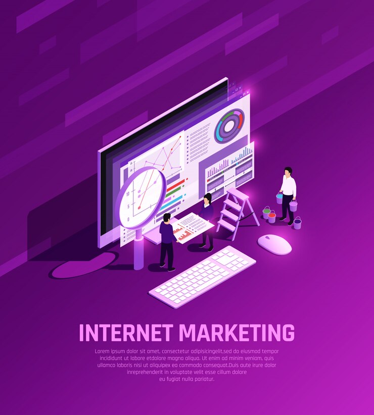 Vector gratuito concepto de marketing composición de brillo isométrico con imágenes conceptuales de elementos de computadora de escritorio lupa y personas ilustración vectorial