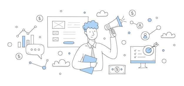 Concepto de marketing digital con ilustración de garabato de hombre con sitio web de megáfono y dinero Fondo vectorial con símbolos de estrategia de mercado en línea y hombre de negocios