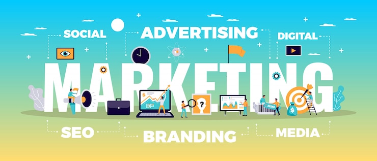 Vector gratuito concepto de marketing digital con publicidad en línea y símbolos de medios planos