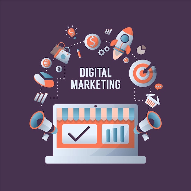 Vector gratuito concepto de marketing digital con publicidad en línea y símbolos de medios planos