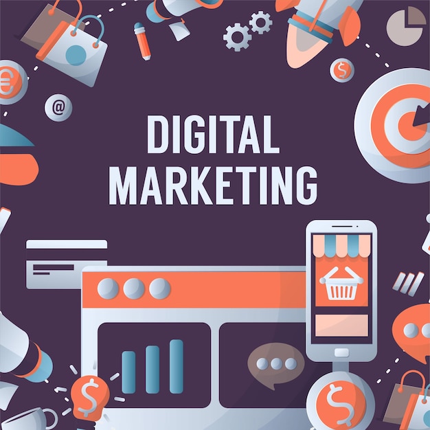 Vector gratuito concepto de marketing digital con publicidad en línea y símbolos de medios planos