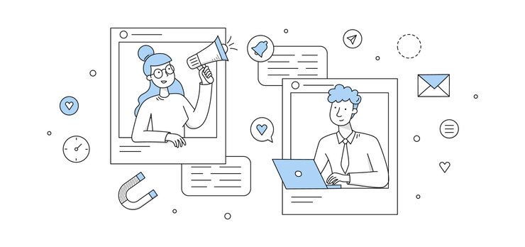 Vector gratuito concepto de marketing en redes sociales, blog de liderazgo de personas