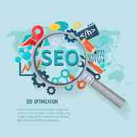 Vector gratuito concepto de marketing de seo con mapa de mundo de símbolos de investigación y lupa