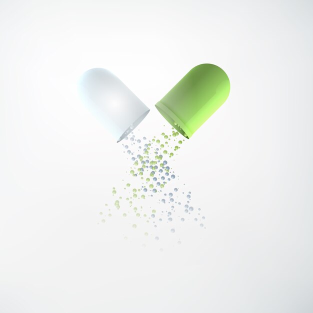 Concepto de medicina ligera con píldora de cápsula abierta médica realista y pequeñas bolas que caen aisladas