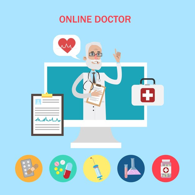 Concepto de médico en línea Viejo médico divertido en la pantalla