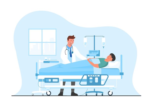 Concepto médico médico y paciente. paciente de hospital acostado en la cama de hospital