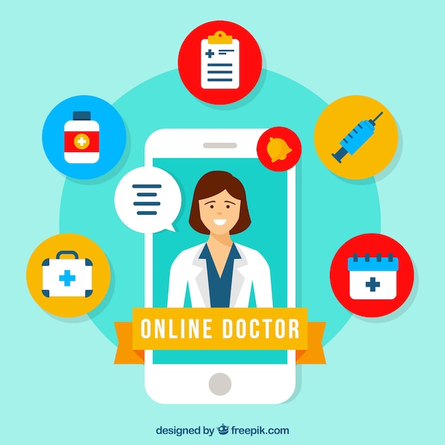 Vector gratuito concepto de médico online con smartphone e iconos