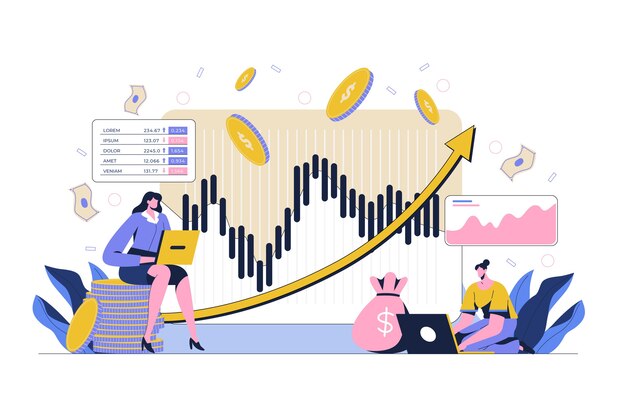 Concepto de mercado de valores dibujado a mano con monedas