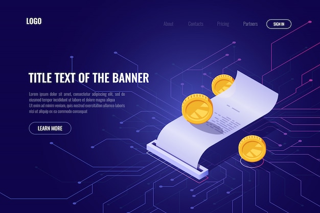 Concepto de minería y pago de criptomoneda, banner isométrico ico, página web de tecnología blockchain