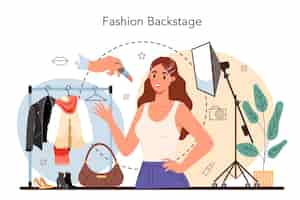 Vector gratuito concepto de modelo de moda hombre y mujer representan ropa nueva en un desfile de moda y sesión de fotos trabajador de la industria de la moda en una pista ilustración vectorial aislada