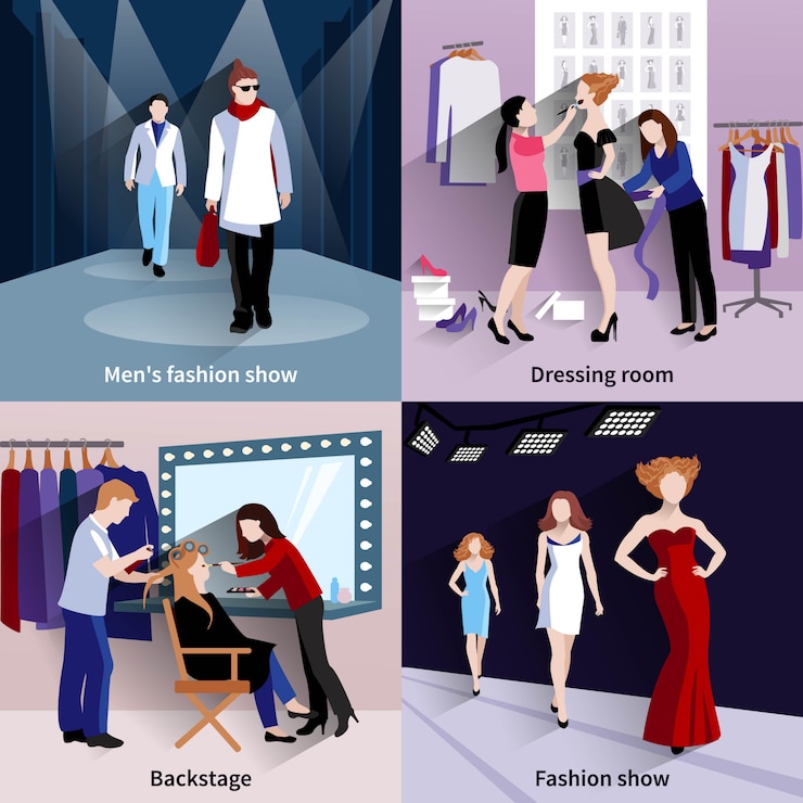 Vector gratuito concepto de modelo de moda con iconos planos de pasarela y detrás del escenario