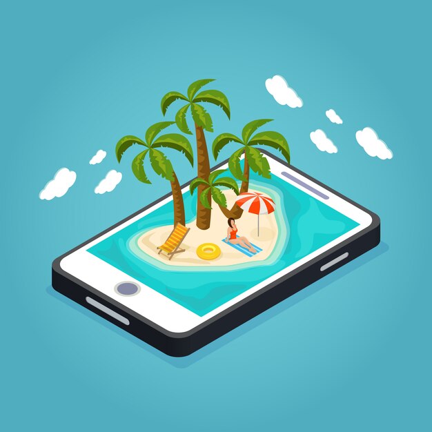 Concepto móvil isométrico de vacaciones en la playa