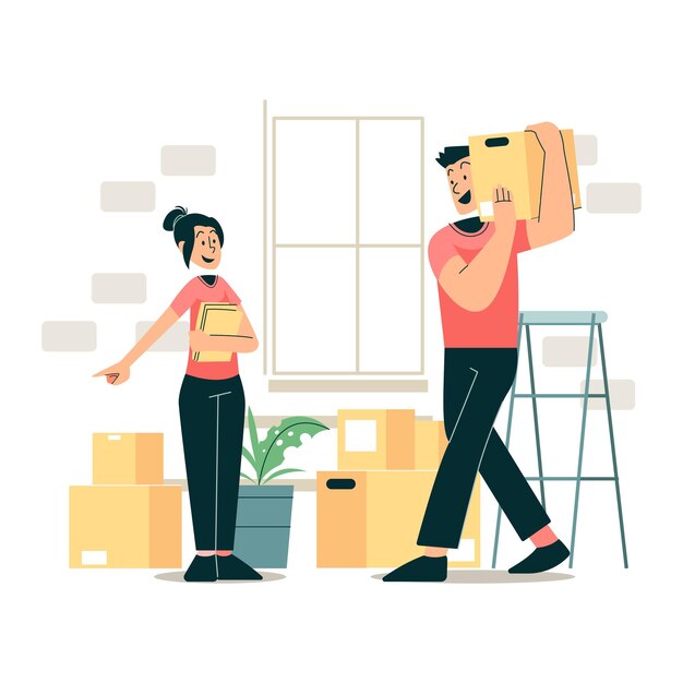 Concepto de mudanza con mudanza de pareja a la nueva casa u oficina