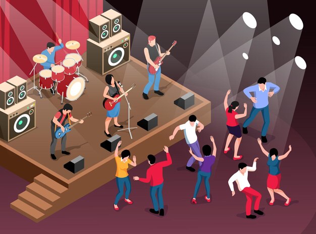 Concepto de músicos isométricos con banda de rock tocando en la ilustración de vector de escena