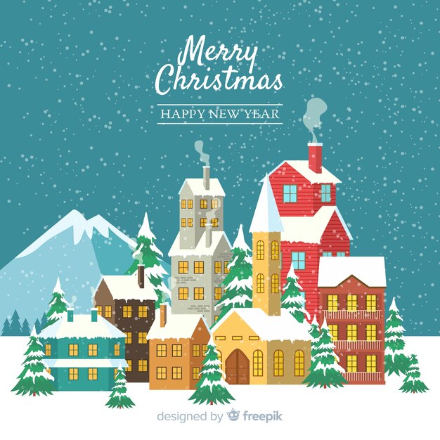 Concepto de Navidad con ciudad de diseño plano