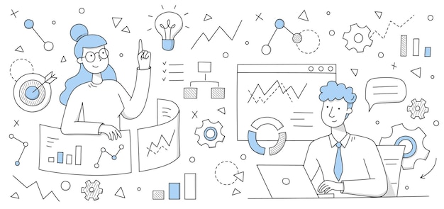 Concepto de negocio de análisis de datos, analistas de garabatos, gente de oficina trabajan juntos gráficos de estadísticas de investigación, gráficos y diagramas de gestión de ventas e informes operativos, ilustración vectorial de arte lineal