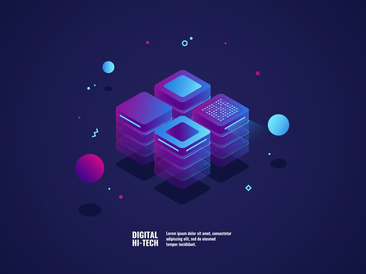Vector gratuito concepto de negocio digital, sala de servidores, centro de datos e icono de base de datos, objeto tecnológico
