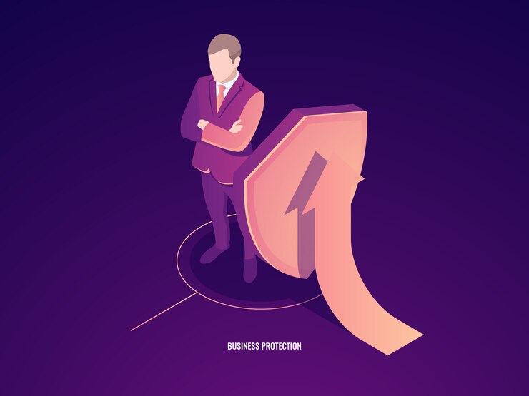 Vector gratuito concepto de negocio de éxito y seguridad, maleta con escudo y flecha arriba