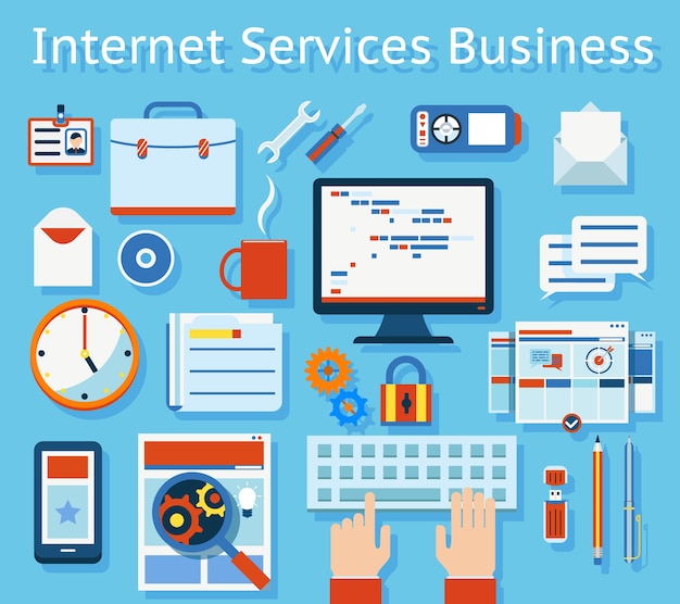 Concepto de negocio de servicio de Internet coloreado sobre fondo azul claro.