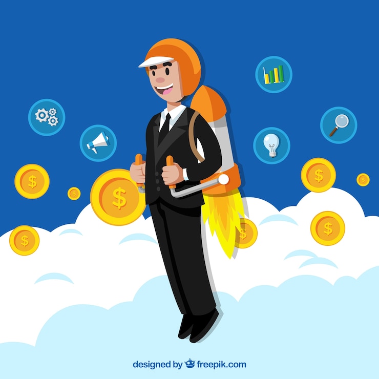 Vector gratuito concepto de negocios con hombre de negocios usando cohete