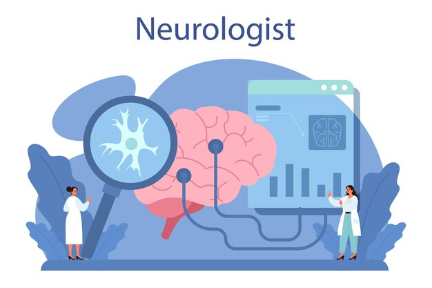 Concepto de neurólogo El médico examina el cerebro humano Idea del médico que se preocupa por la salud del paciente Diagnóstico y consulta de resonancia magnética médica Ilustración vectorial en estilo de dibujos animados