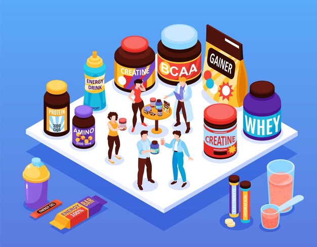 Concepto de nutrición deportiva con símbolos de entrenamiento activo ilustración vectorial isométrica
